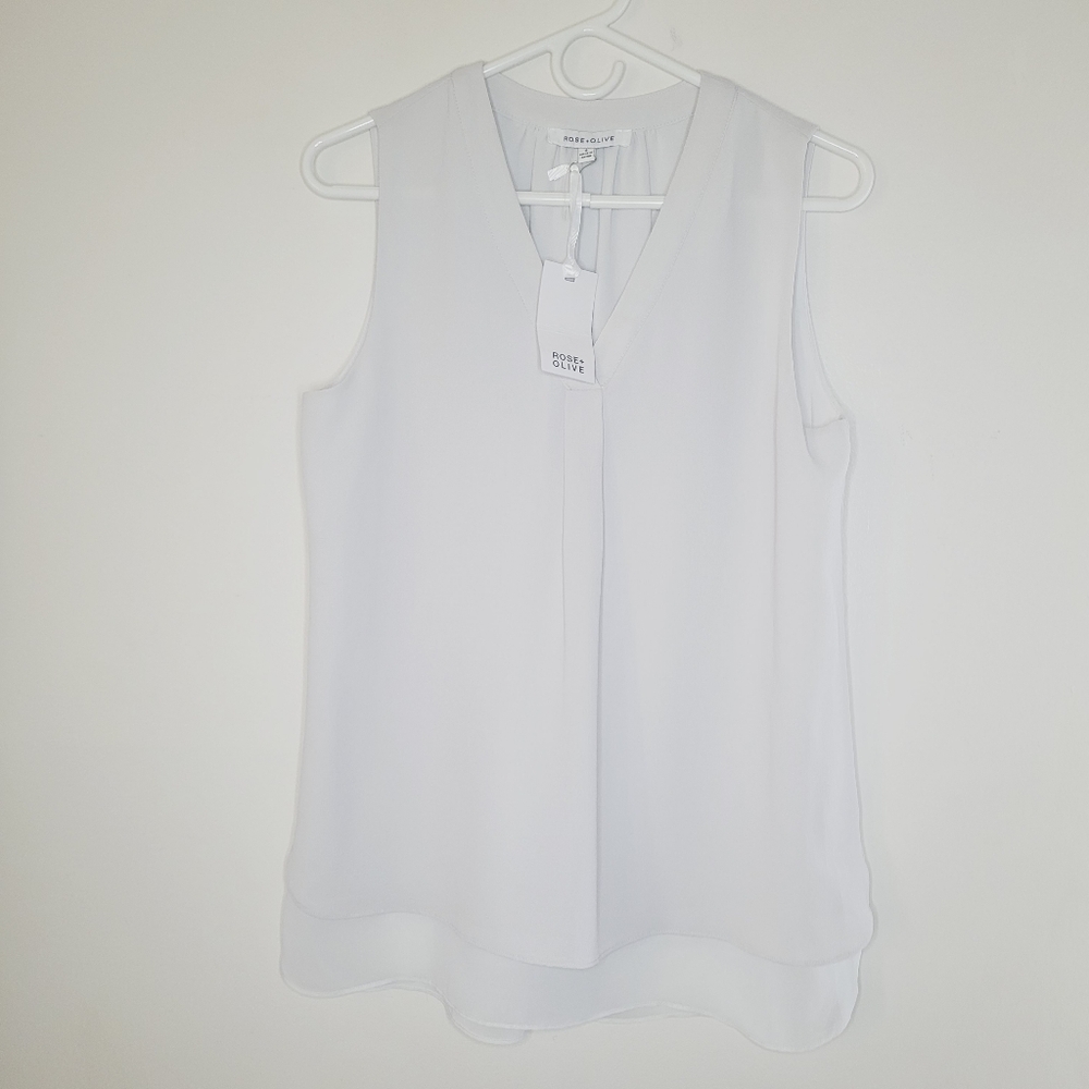 Rose Olive Top Career Women's Light Gray Small V-Neck Sleeveless Layered Flowy